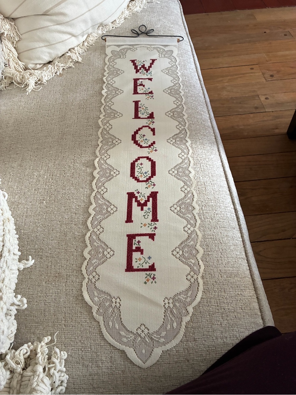 Welcome Cross-Stitch Fabric Wall Hanging - Red and Cream